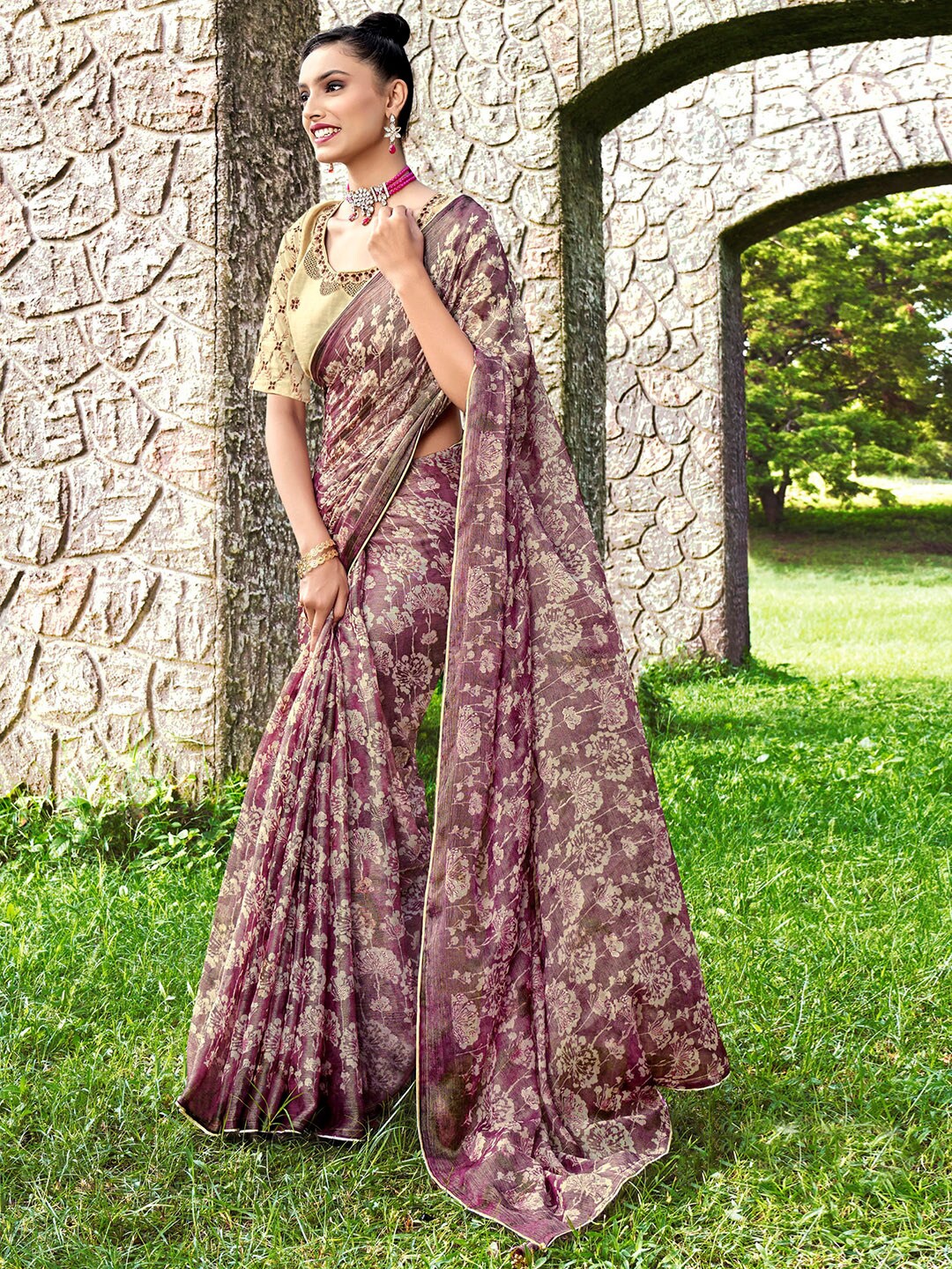 

Saree mall Floral Printed Pure Chiffon Sarees, Purple