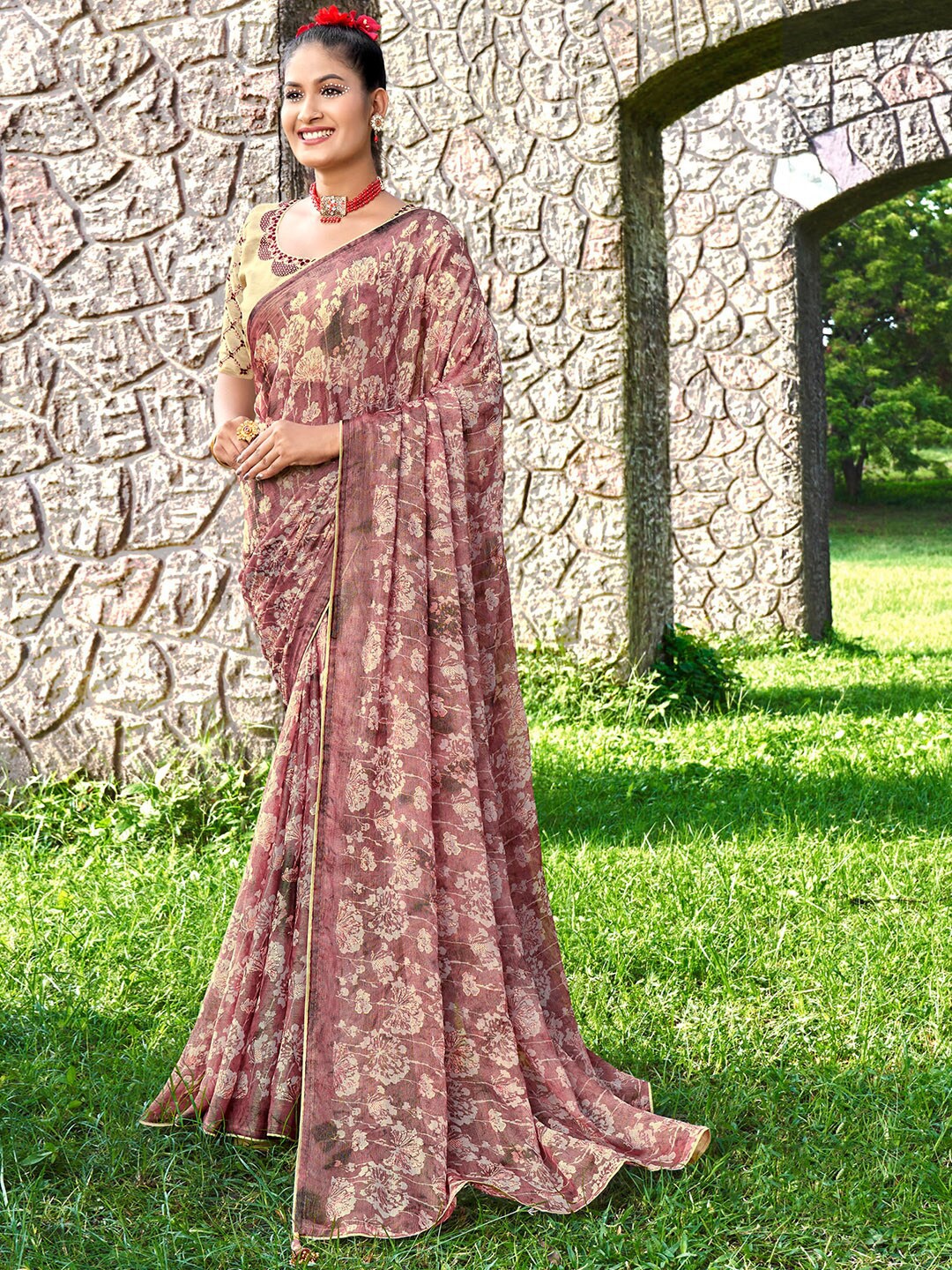 

Saree mall Mauve Floral Pure Chiffon Saree