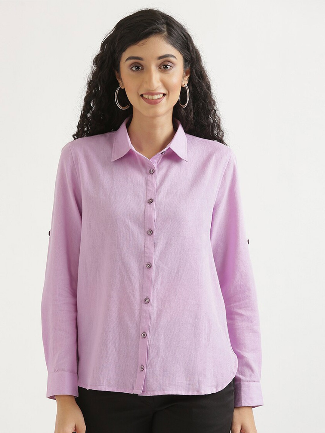 

SAADAA Spread Collar Cotton Linen Casual Shirt, Lavender