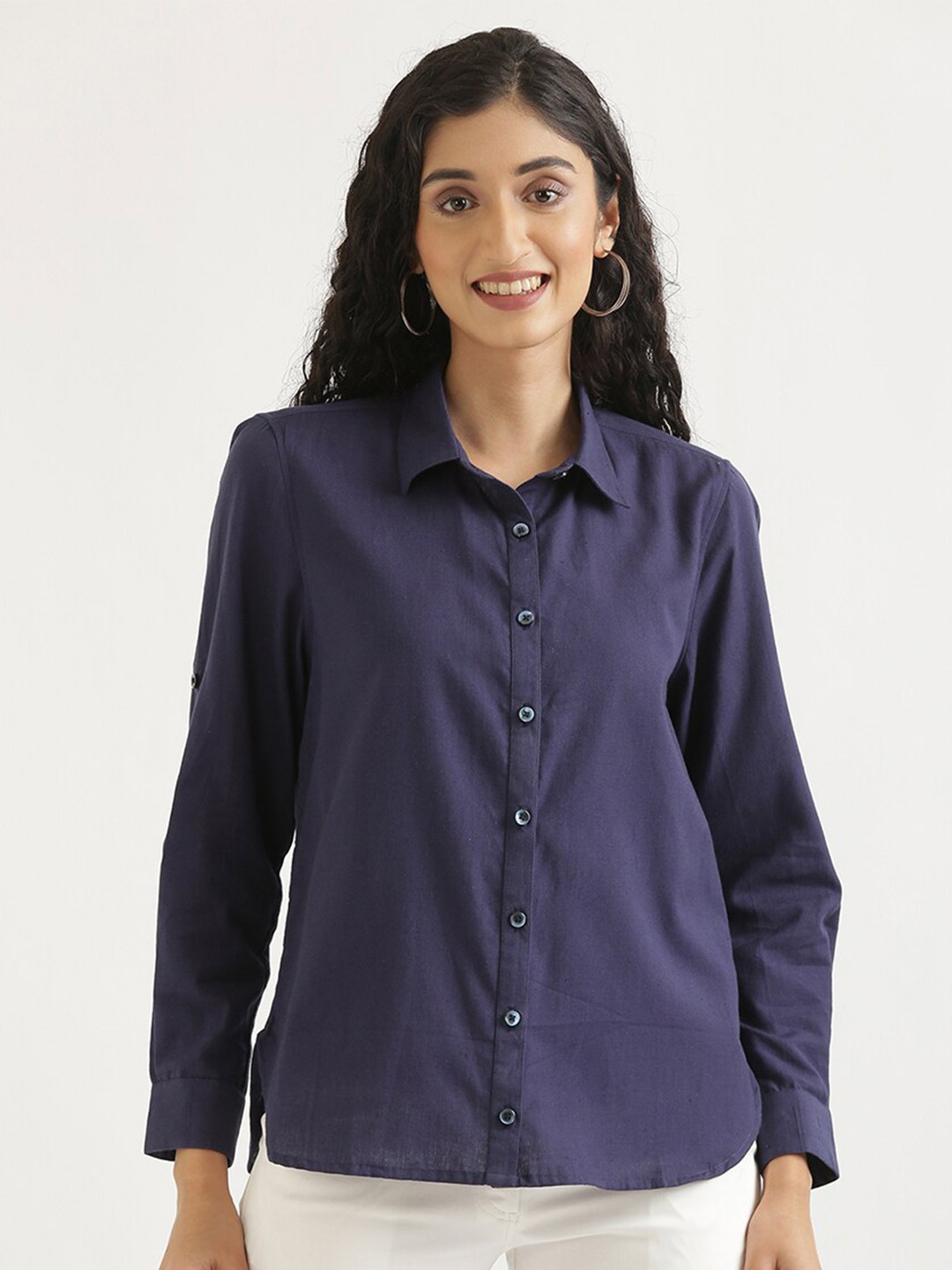 

SAADAA Roll-Up Sleeves Cotton Linen Casual Shirt, Navy blue