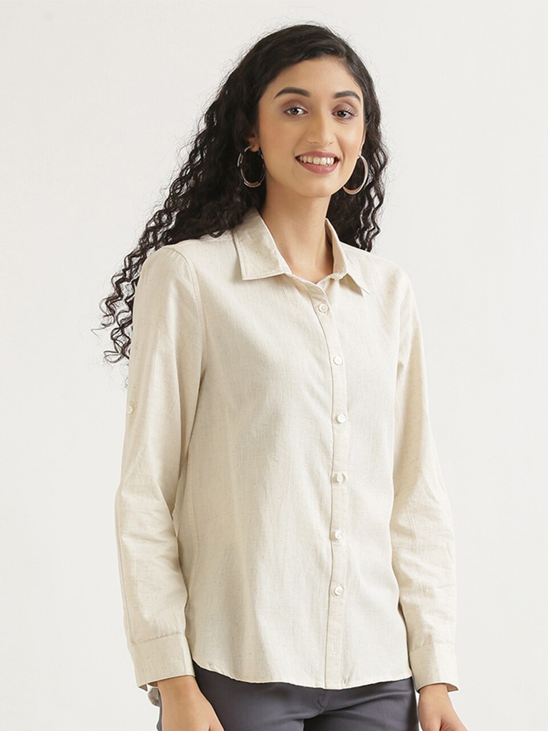 

SAADAA Spread Collar Roll-Up Sleeves Cotton Linen Casual Shirt, Off white