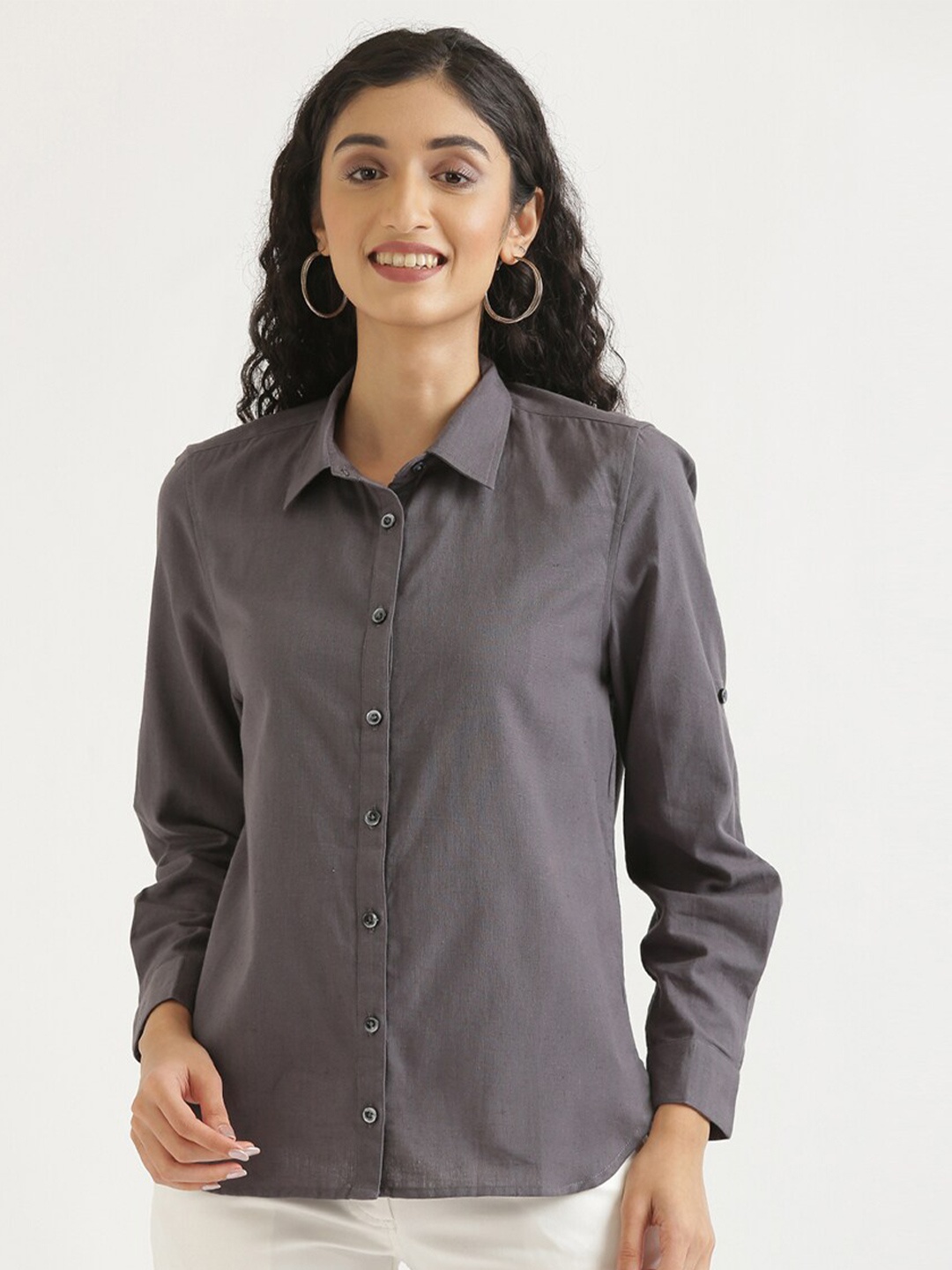 

SAADAA Spread Collar Cotton Linen Shirt, Grey