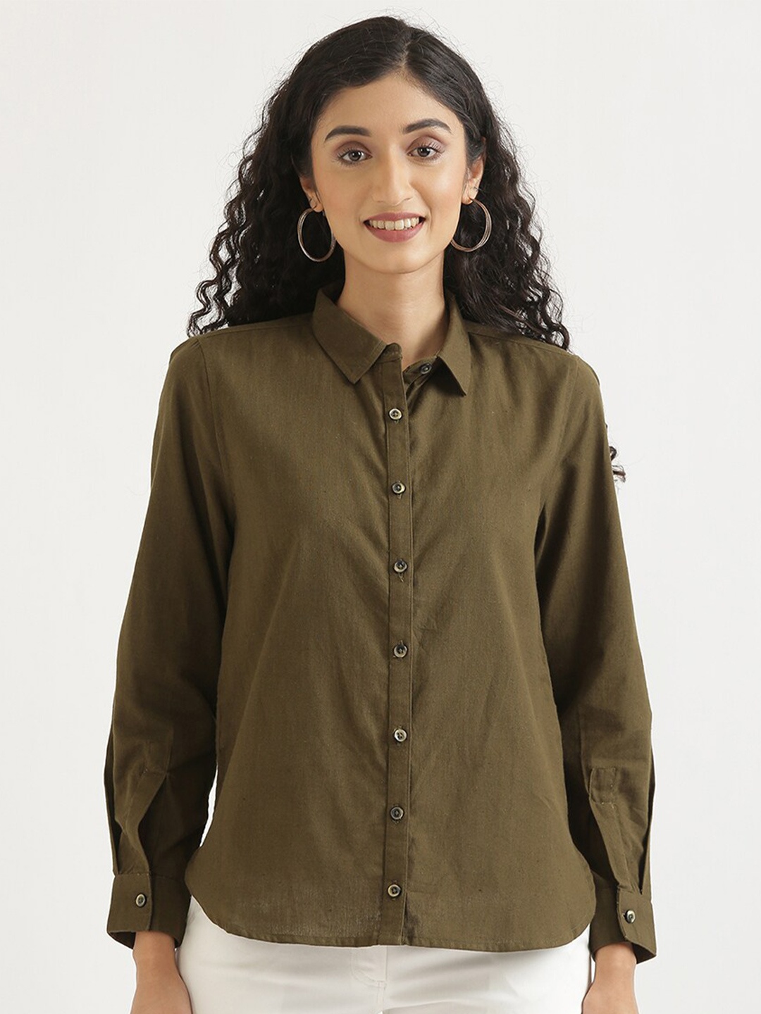 

SAADAA Spread Collar Casual Cotton Linen Shirt, Olive
