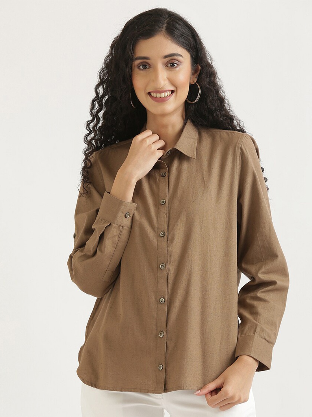 

SAADAA Classic Cotton Linen Casual Shirt, Coffee brown
