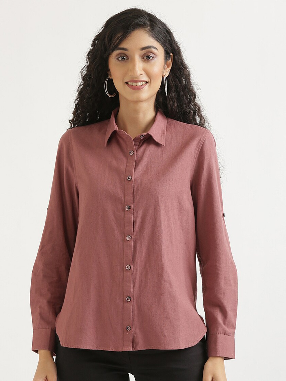 

SAADAA Spread Collar Cotton Linen Casual Shirt, Rose