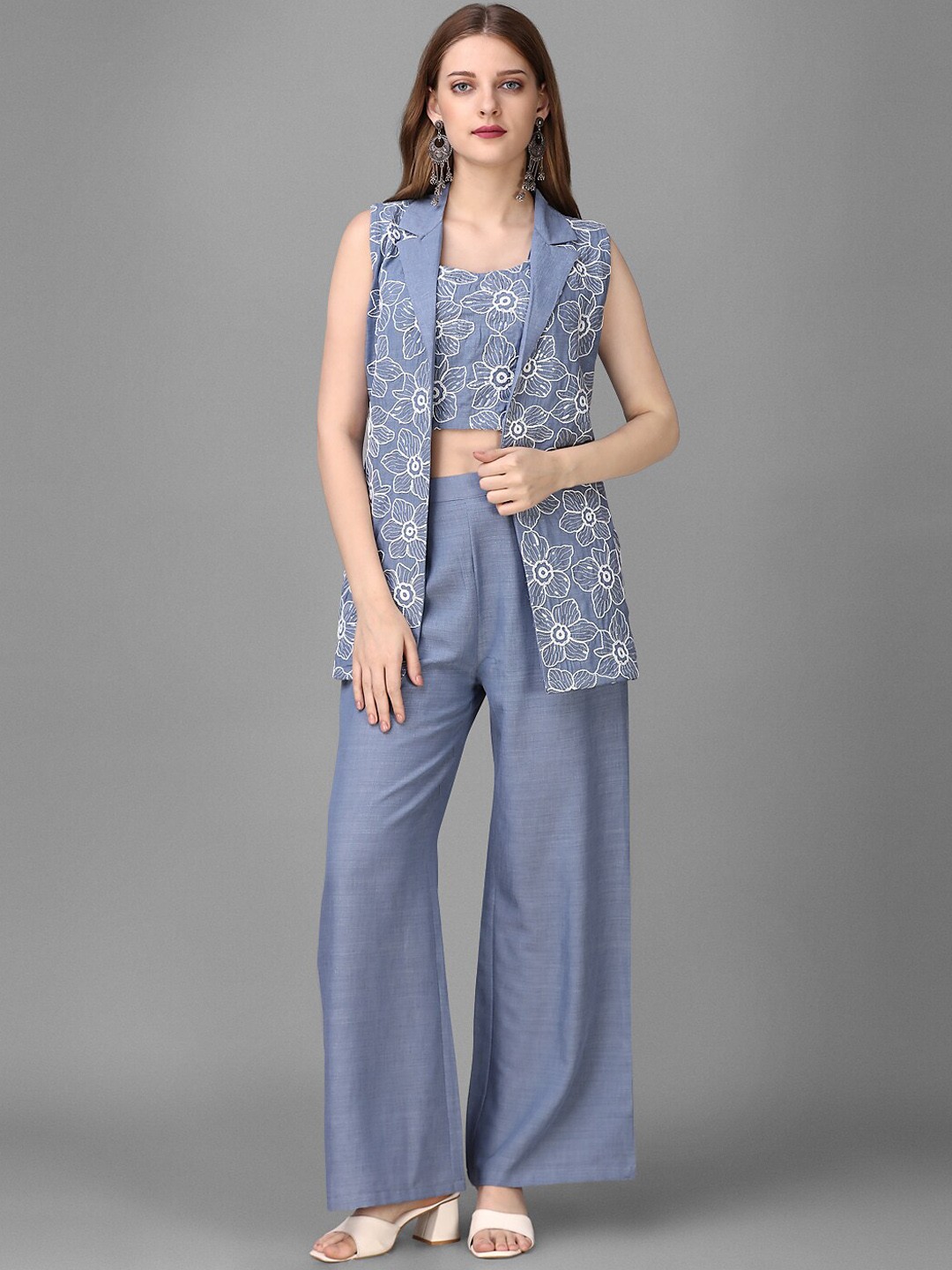

HOUSE OF MIRA Embroidered Cuban Collar Linen Top & Flared Trousers With Jacket Co-Ords, Blue