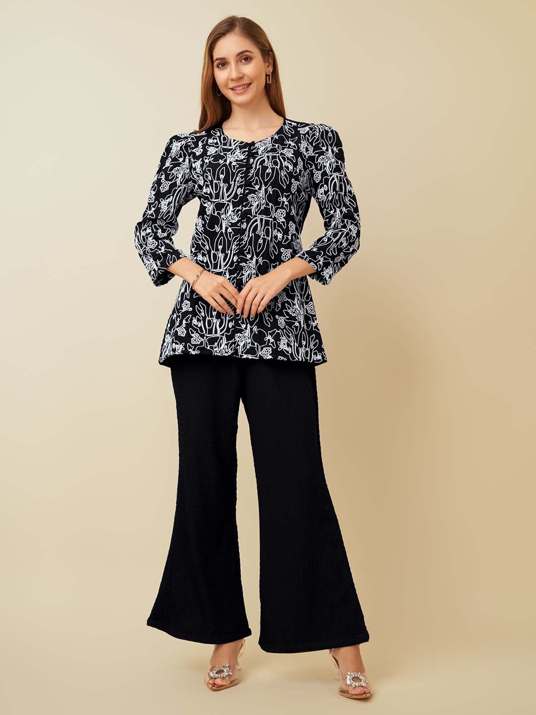 

HOUSE OF MIRA Embroidered Round Neck Top With Flared Trouser Co-Ords, Black