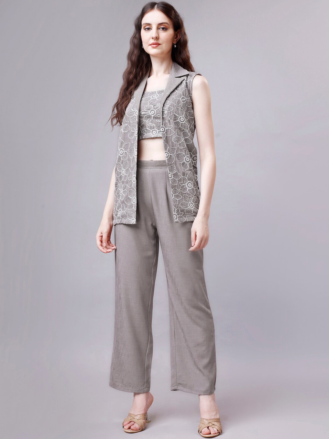 

HOUSE OF MIRA Embroidered Cuban Collar Linen Top & Flared Trousers With Jacket Co-Ords, Grey