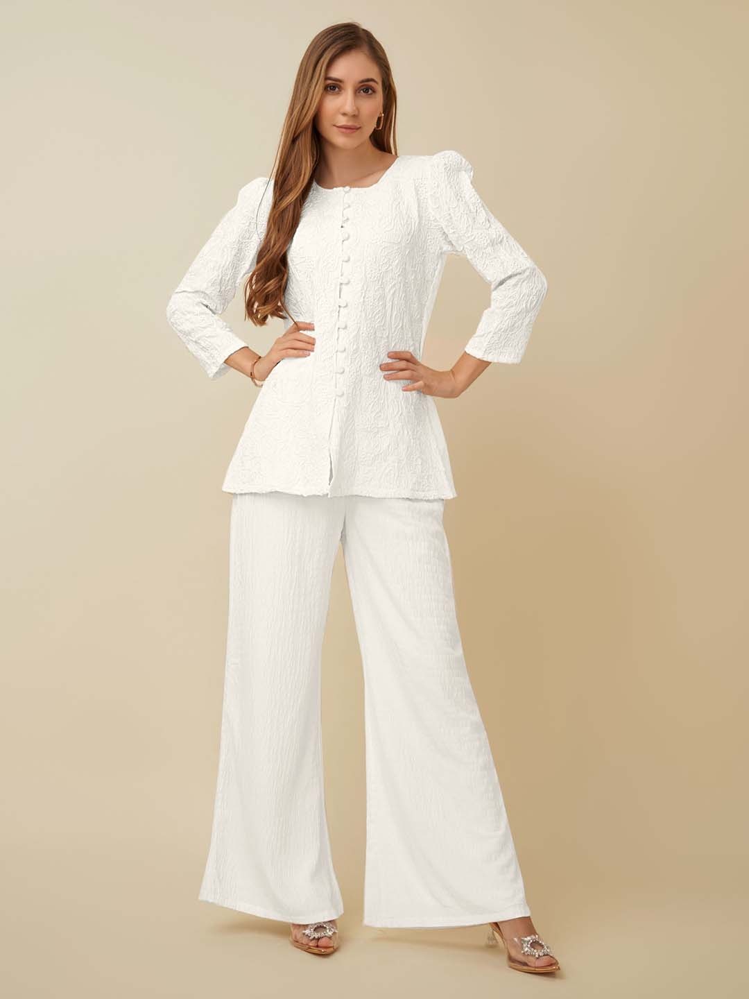 

HOUSE OF MIRA Self Design Round Neck Top With Flared Trouser Co-Ords, White