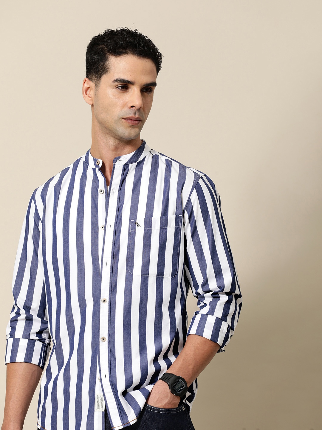 

Mr Bowerbird Men Premium Slim Fit Striped Casual Shirt, White