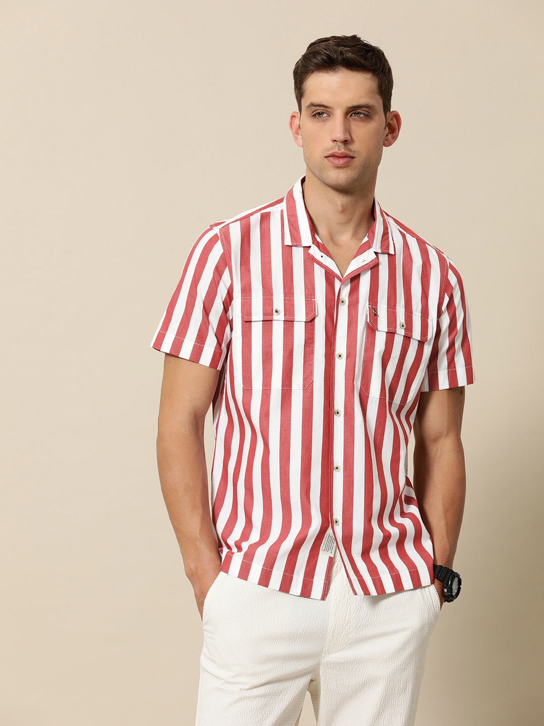 

Mr Bowerbird Men Premium Slim Fit Striped Casual Shirt, White