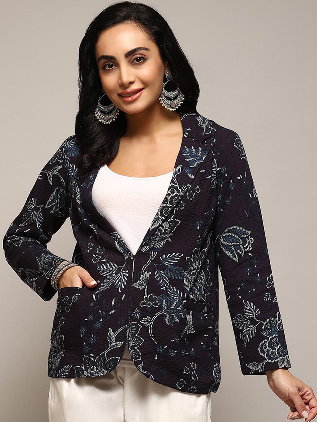 

Biba Printed Single-Breasted Notched Lapel Blazer, Navy blue