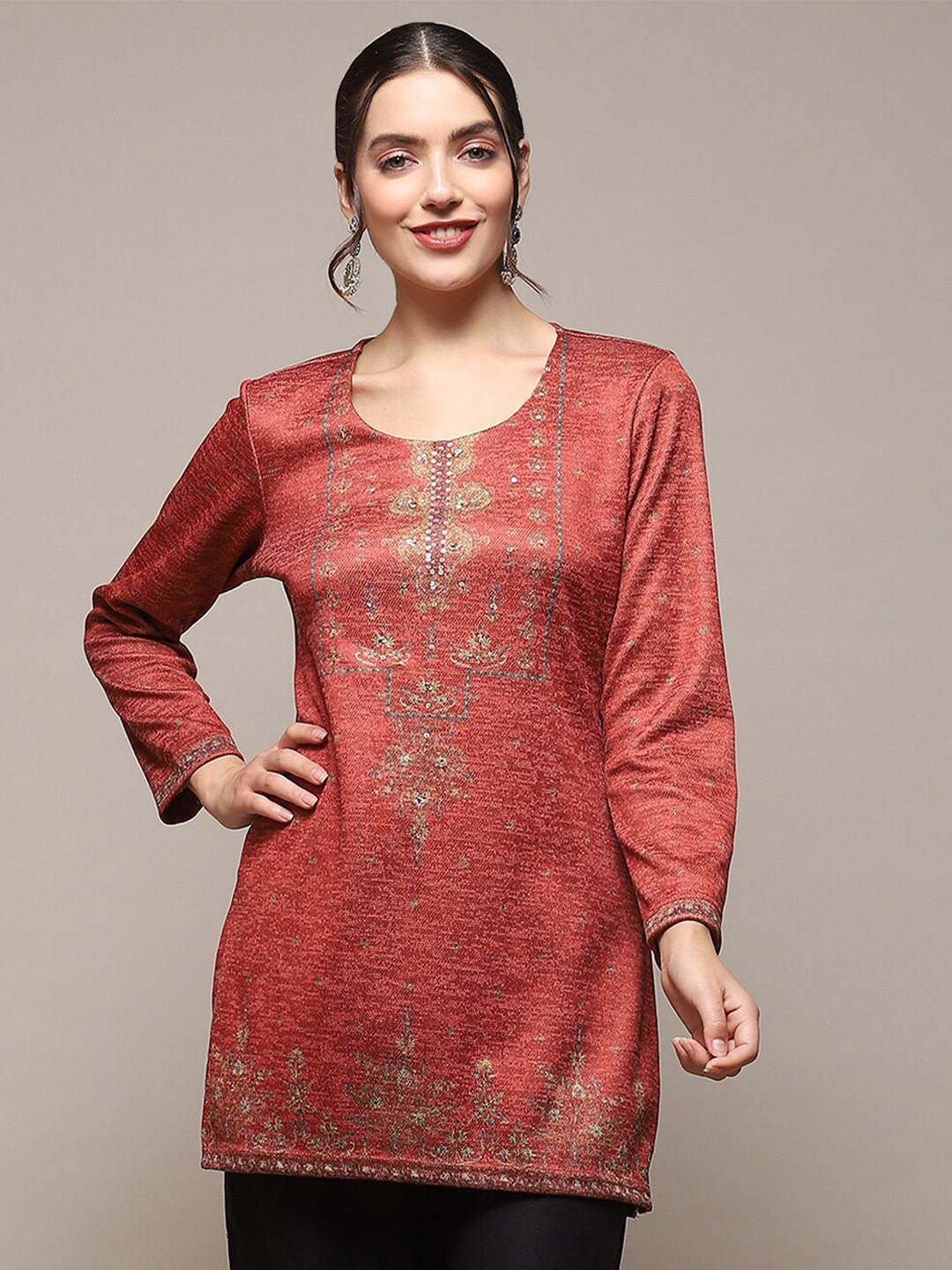 

Biba Ethnic Motifs Self Design Knitted Sequined Straight Kurti, Rust