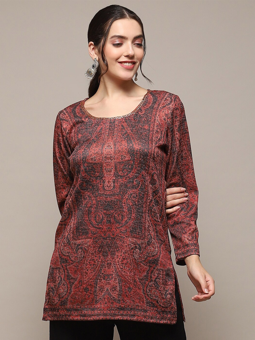 

Biba Ethnic Motifs Self Design Knitted Sequined Straight Kurti, Red