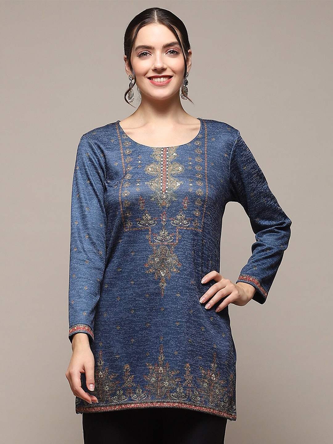 

Biba Ethnic Motifs Self Design Knitted Sequined Straight Kurti, Teal