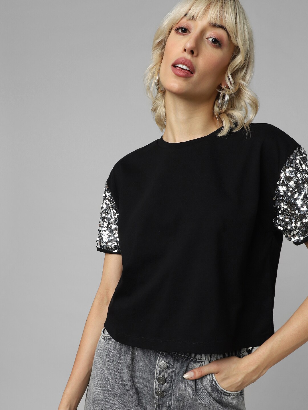 

ONLY Embellished Knitted Pure Cotton Crop Top, Black