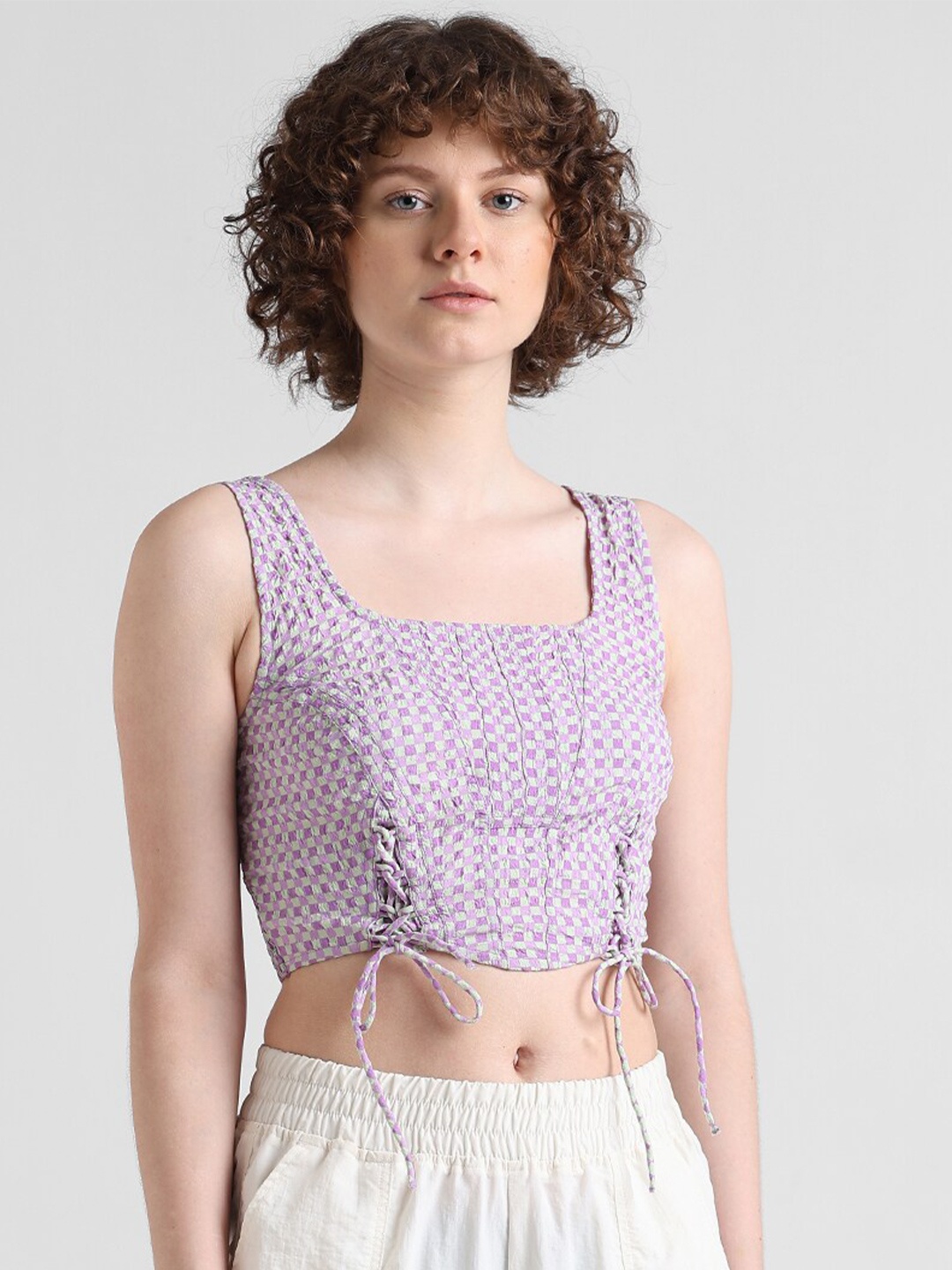 

ONLY Checked Square Neck Ruched Tank Crop Top, Lavender