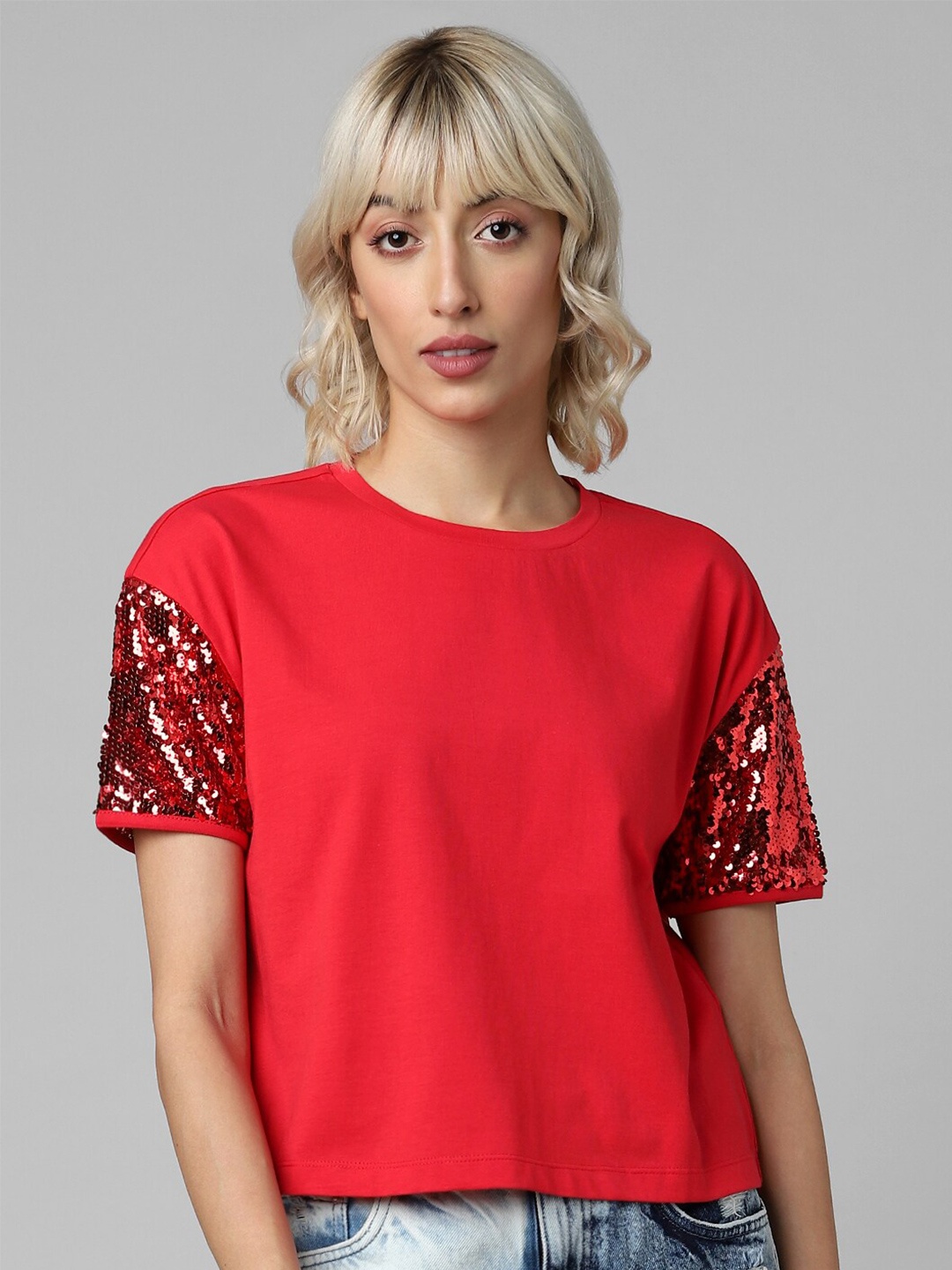 

ONLY Embellished Knitted Pure Cotton Crop Top, Red
