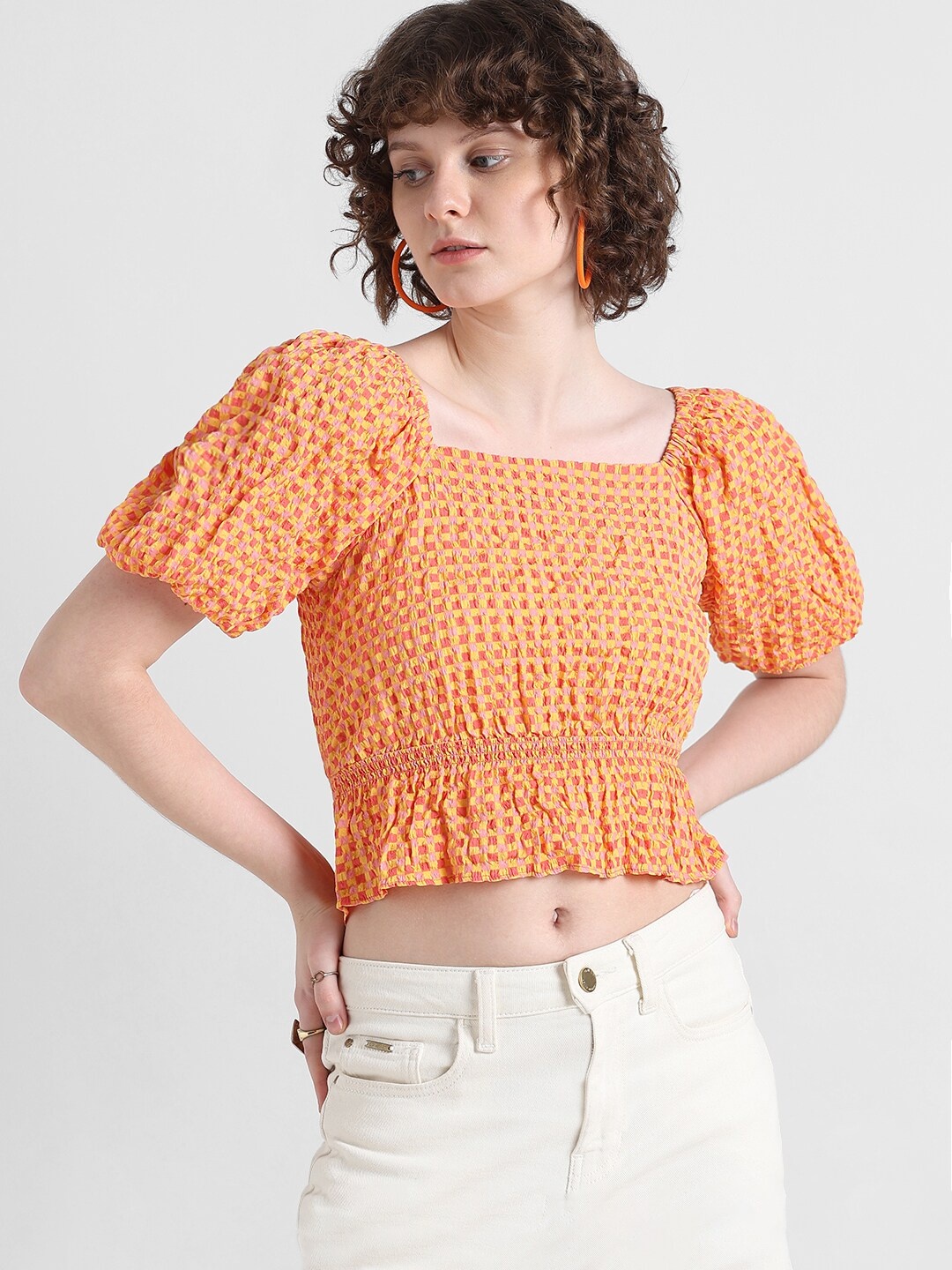 

ONLY Checked Puff Sleeves Square Neck Peplum Crop Top, Orange