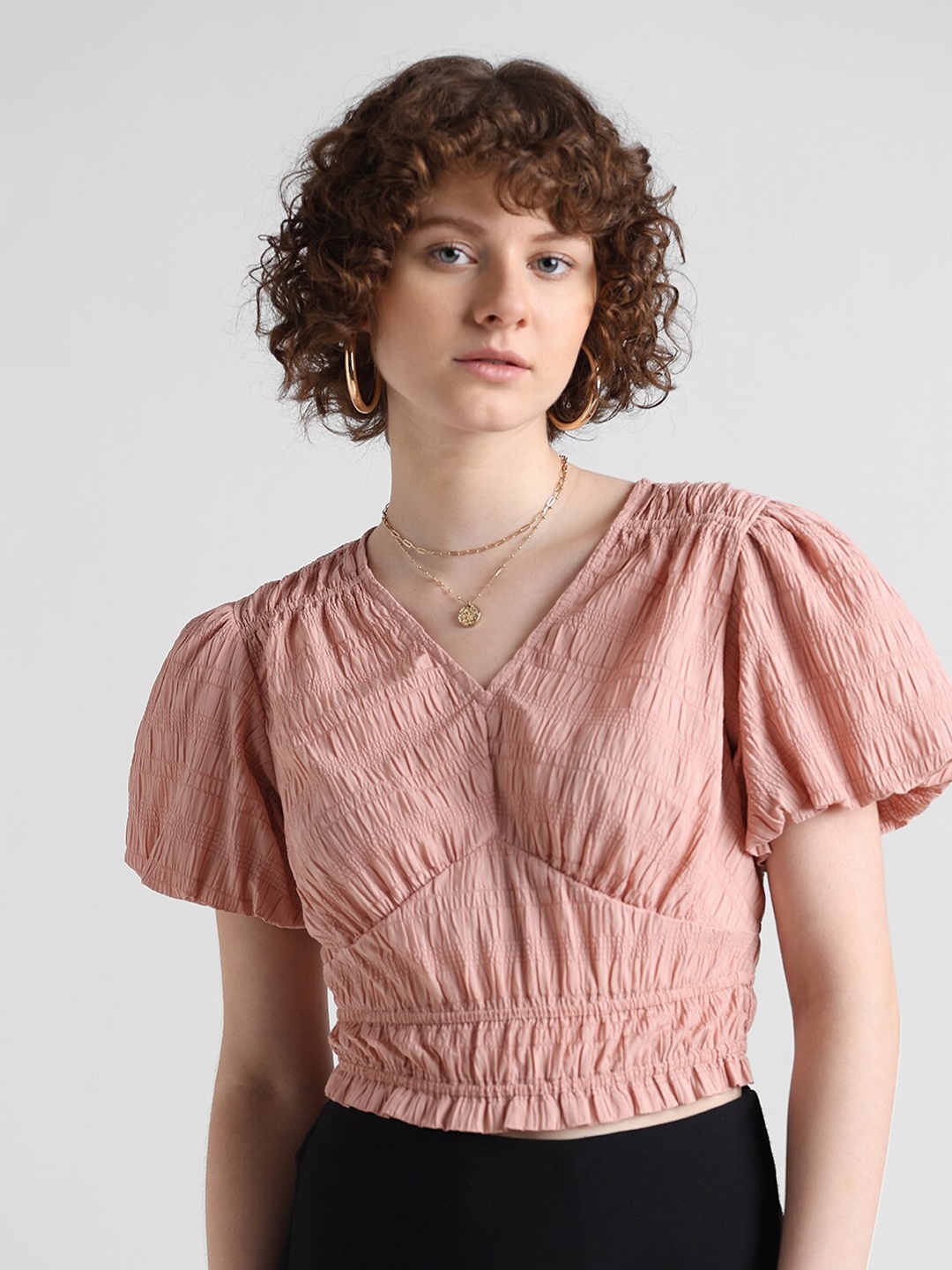 

ONLY Self Design Puff Sleeves V-Neck Crop Top, Mauve