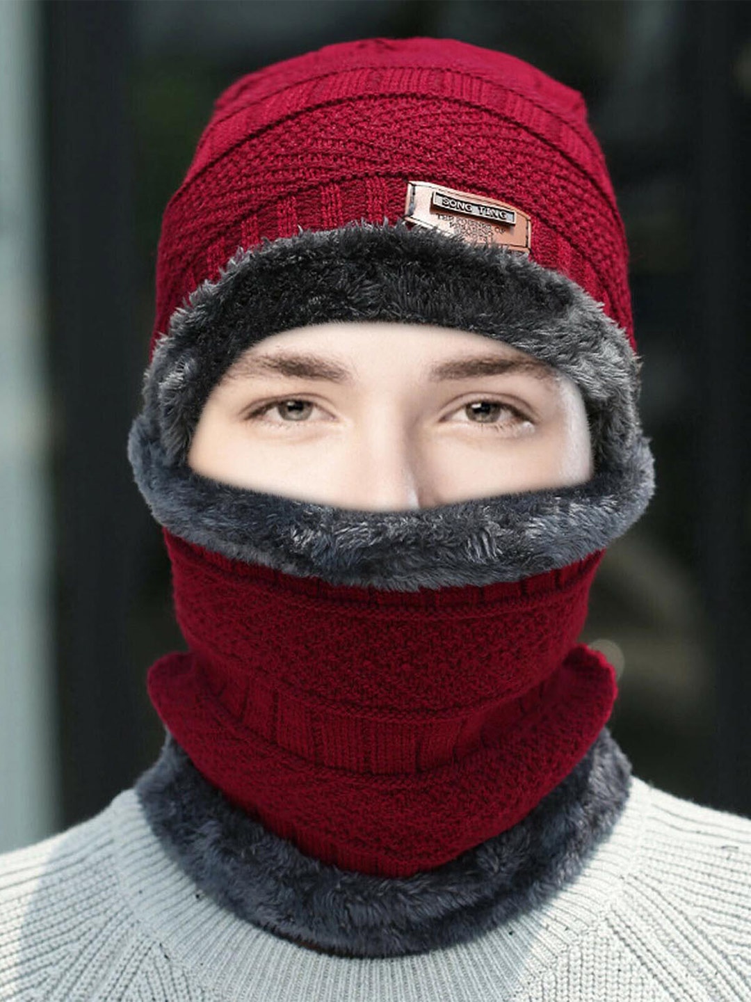 ZURU BUNCH Unisex Self Design Woollen Beanie With Neck Warmer, Red