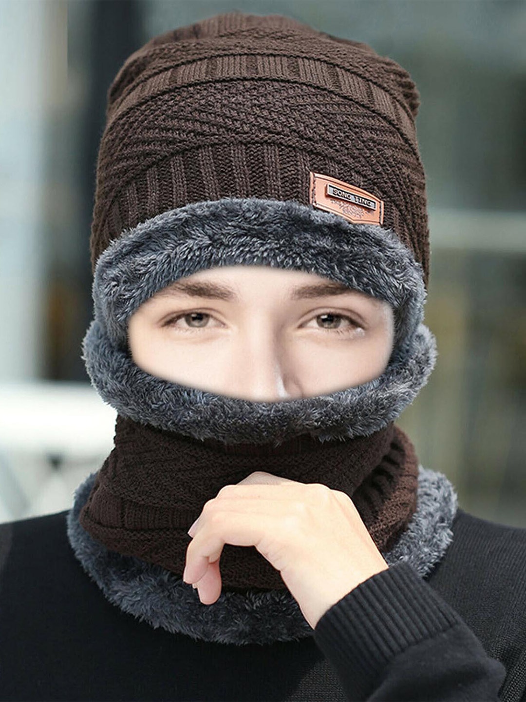 ZURU BUNCH Unisex Self Design Woollen Beanie With Neck Warmer, Brown