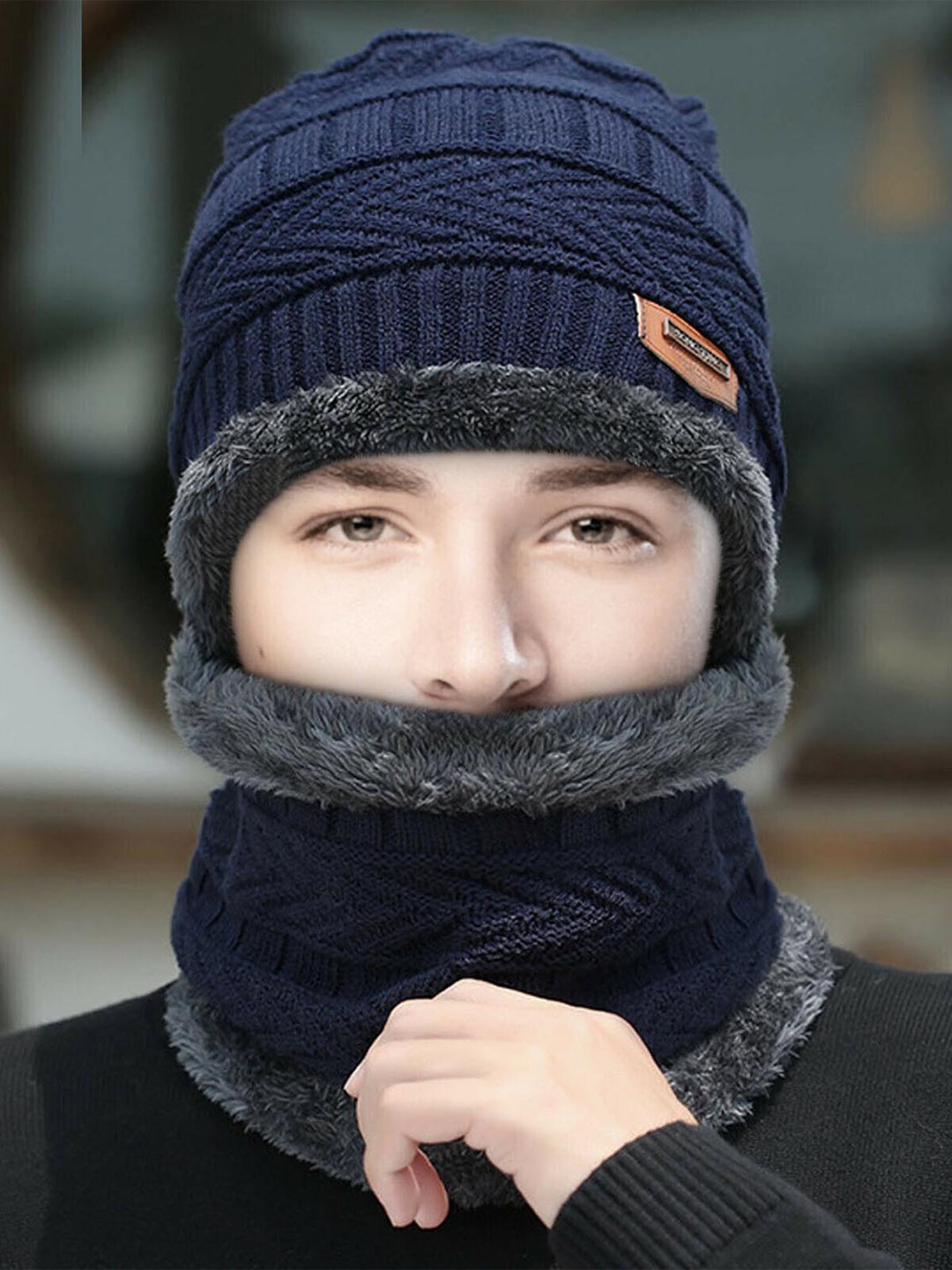 

ZURU BUNCH Unisex Self Design Woollen Beanie With Neck Warmer, Navy blue