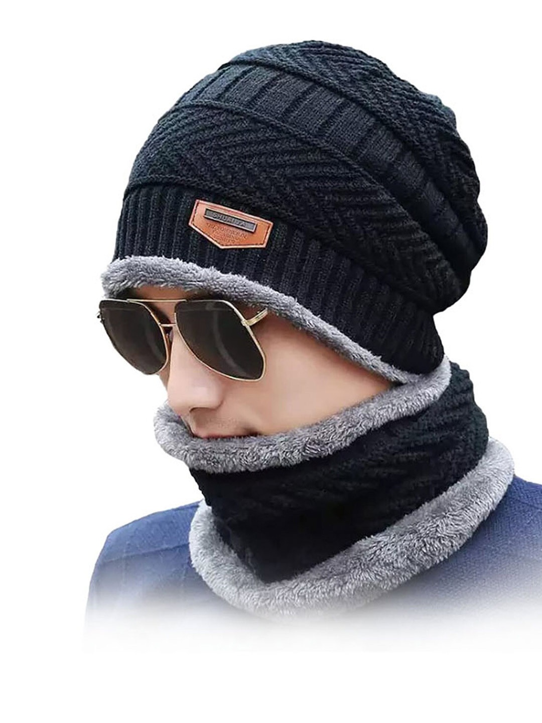 ZURU BUNCH Unisex Self Design Woollen Beanie With Neck Warmer, Black