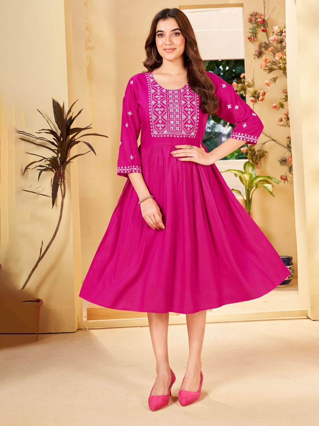 

KALINI Ethnic Motifs Embroidered Embellished A-Line Ethnic Dresses, Pink