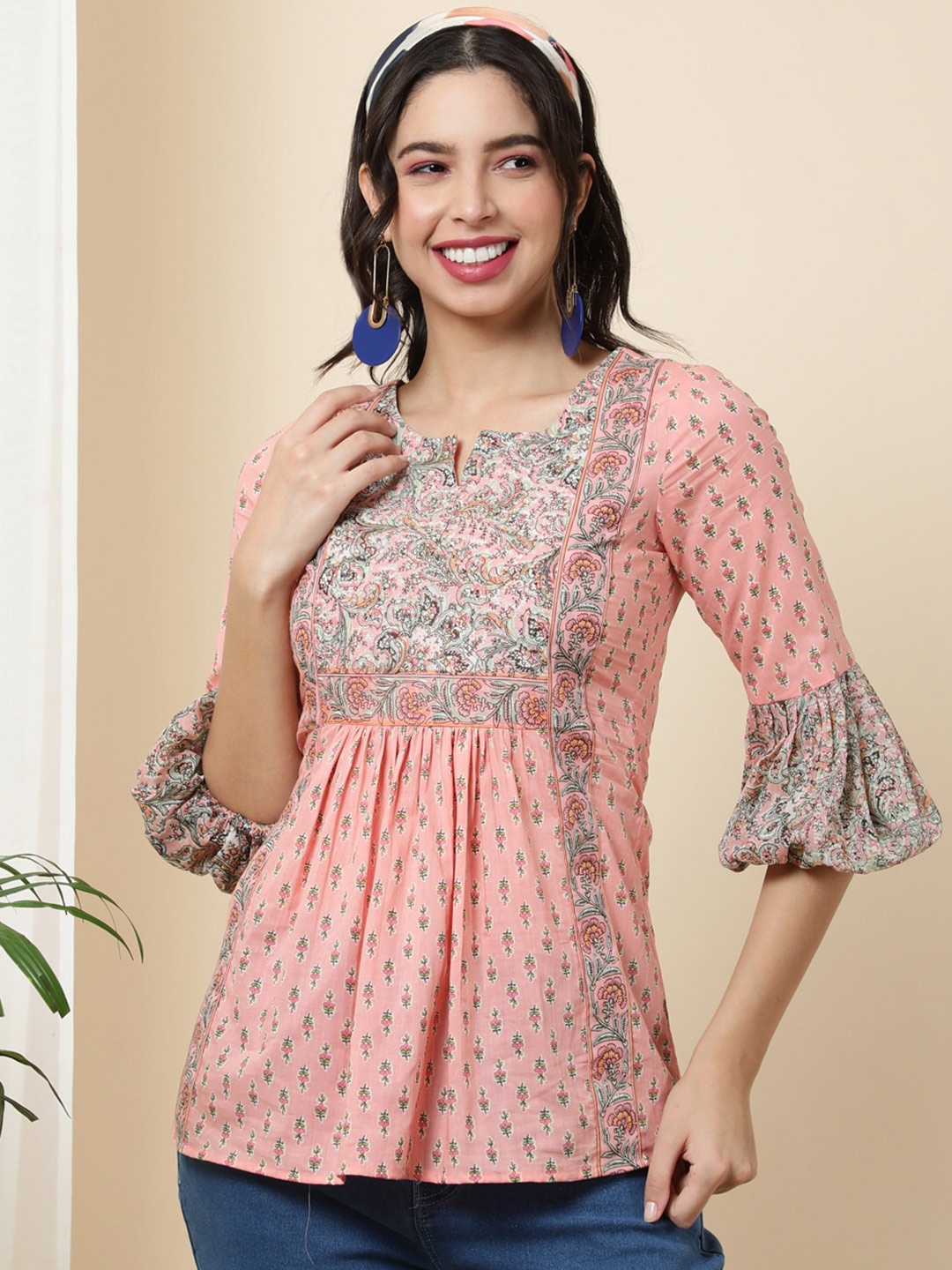 

AADAT Floral Printed Cotton Empire Top, Peach