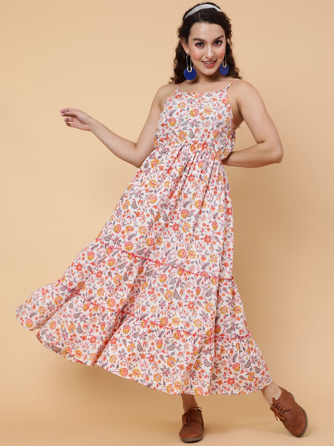 

AADAT Floral Printed Shoulder Straps Sleeveless Gathered Tiered Maxi Dress, White