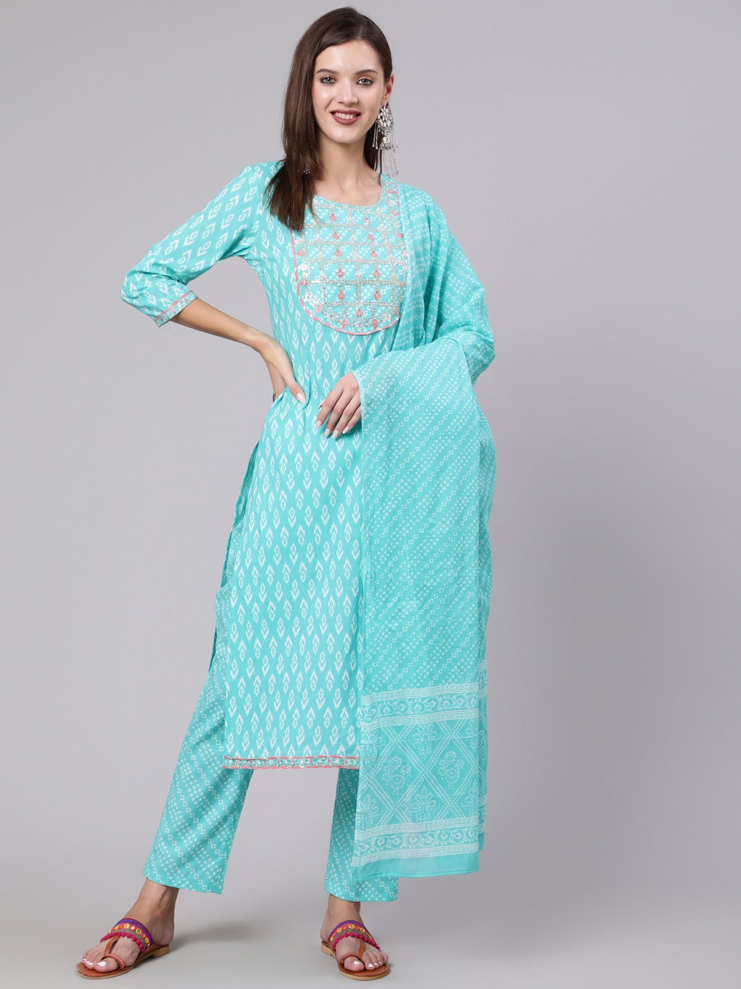 

AADAT Ethnic Motif Woven Design Regular Pure Cotton Straight Kurta & Palazzos With Dupatta, Green