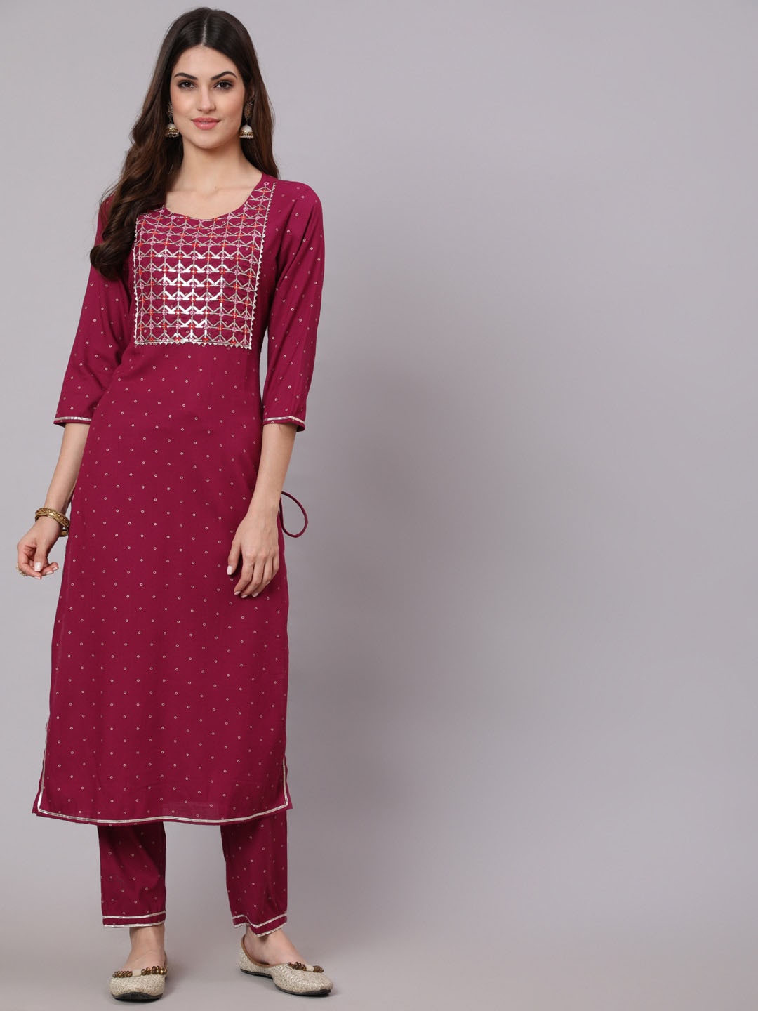 

AADAT Geometric Printed Pure Cotton Straight Kurta & Palazzos With Dupatta, Burgundy