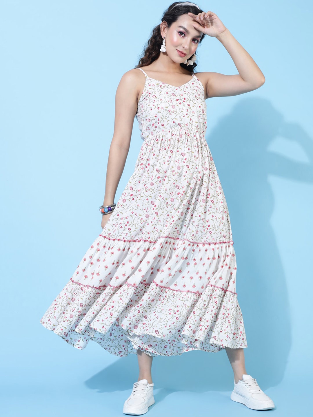 

AADAT Floral Printed Sleeveless Midi Fit and Flare Cotton Dress, White