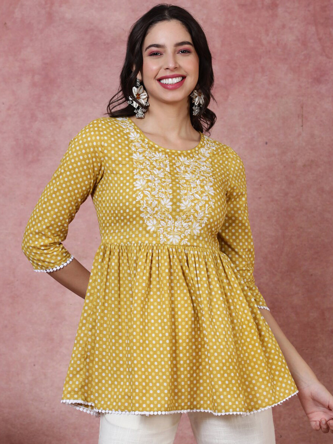 

AADAT Geometric Printed Thread Work Detailed Pleated A-Line Cotton Kurti, Mustard