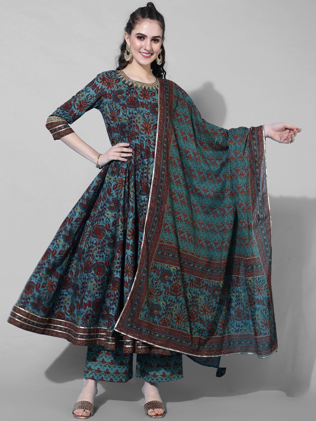

AADAT Floral Printed Pure Cotton Anarkali Kurta with Palazzos & With Dupatta, Teal