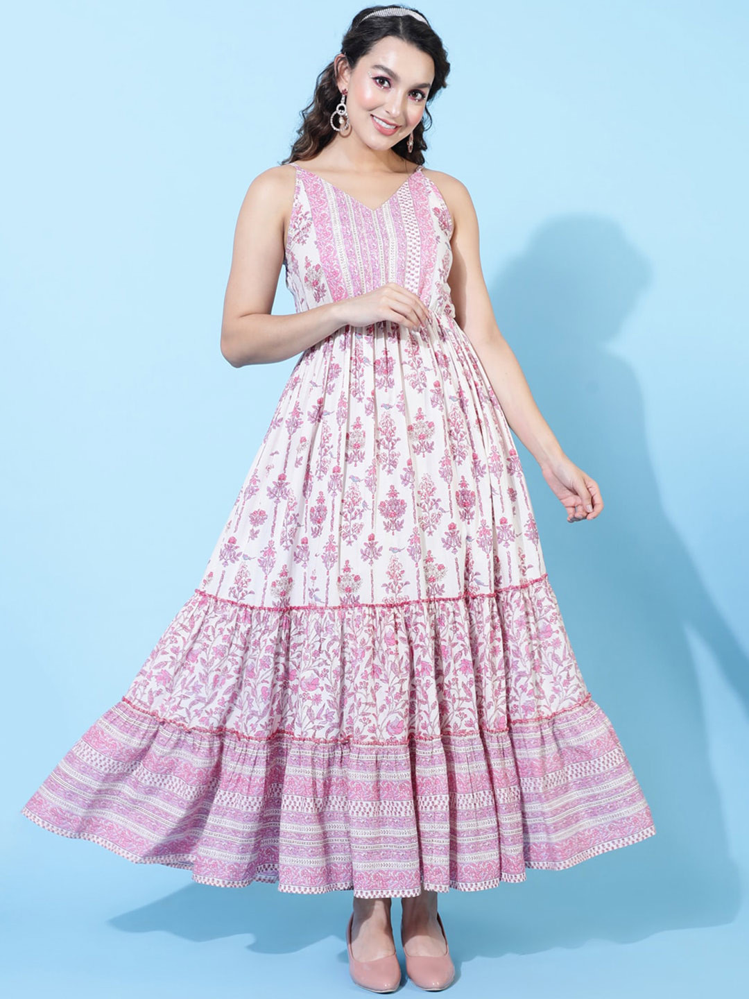 

AADAT Ethnic Motifs Printed Maxi Sleeveless Cotton Tiered Maxi Dress, Pink