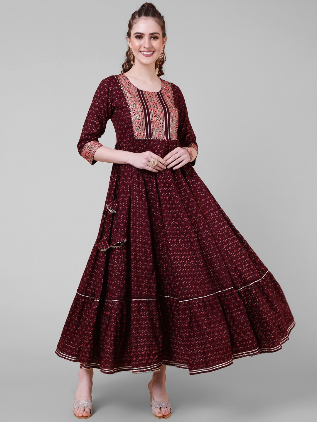 

AADAT Ethnic Motifs Printed Embroidered Maxi Ethnic Dress, Burgundy