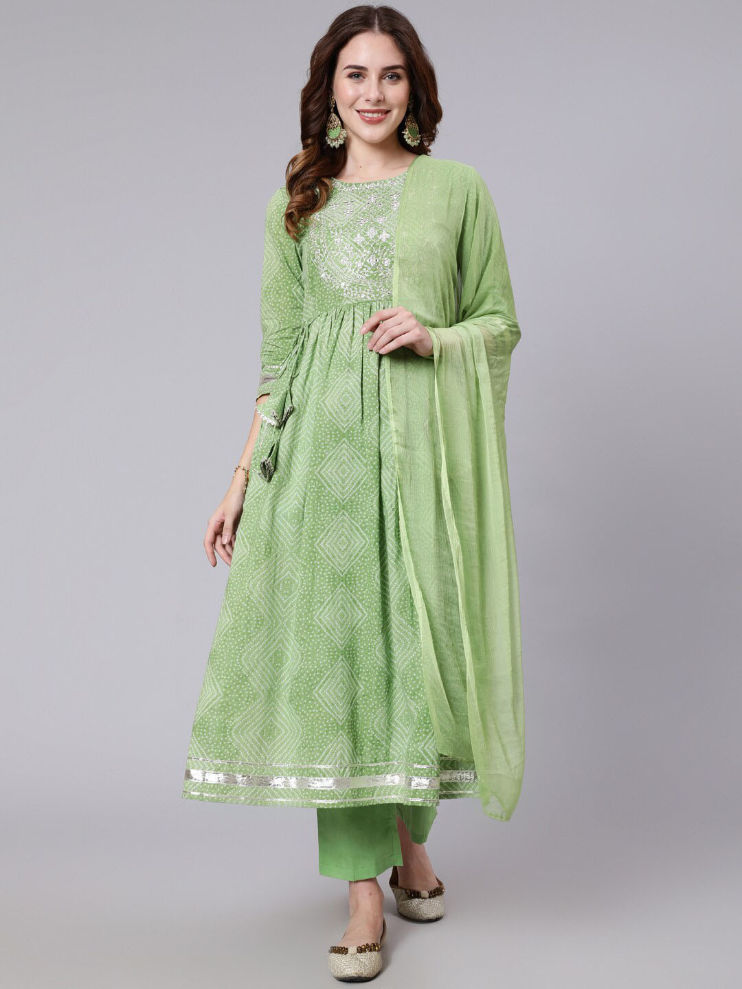 

AADAT Bandhani Printed Pure Cotton Anarkali Kurta with Palazzos & With Dupatta, Olive