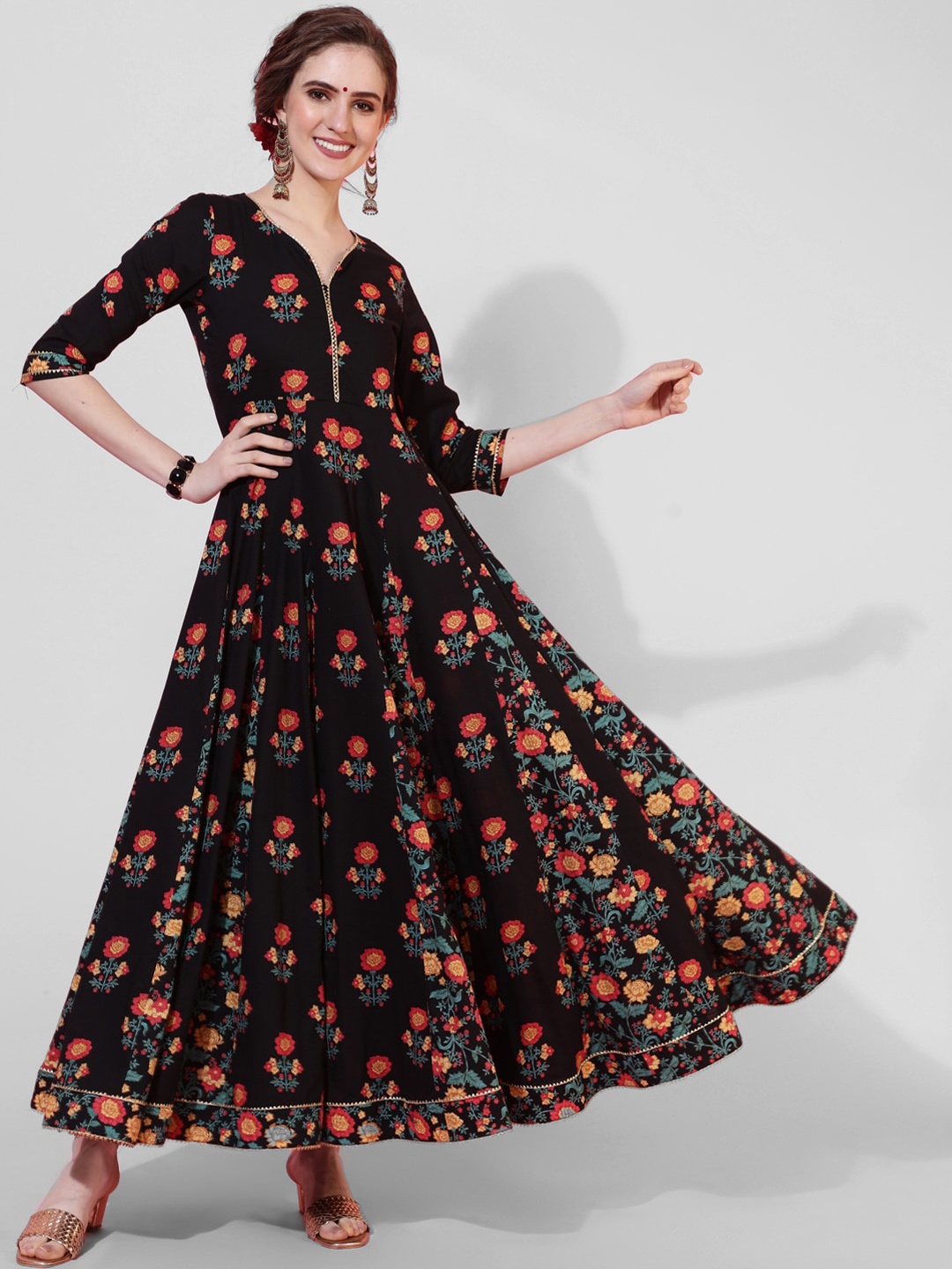 

AADAT Floral Printed V-Neck Fit and Flare Maxi Ethnic Dress, Black