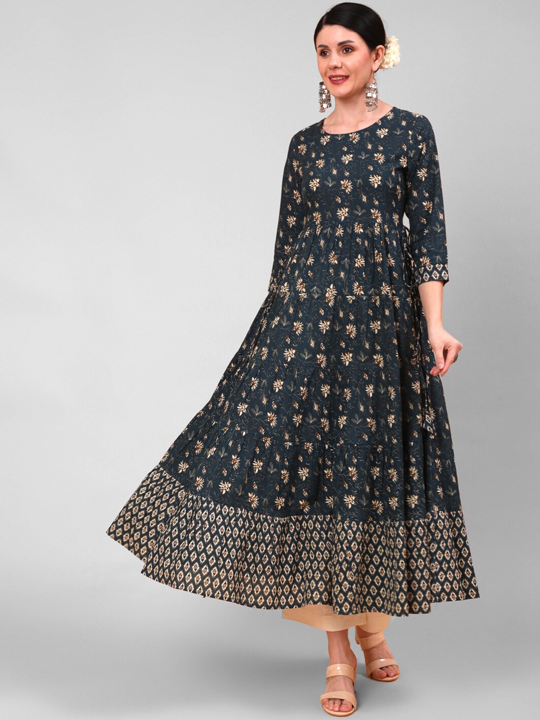 

AADAT Floral Printed Cotton Anarkali Kurta, Teal