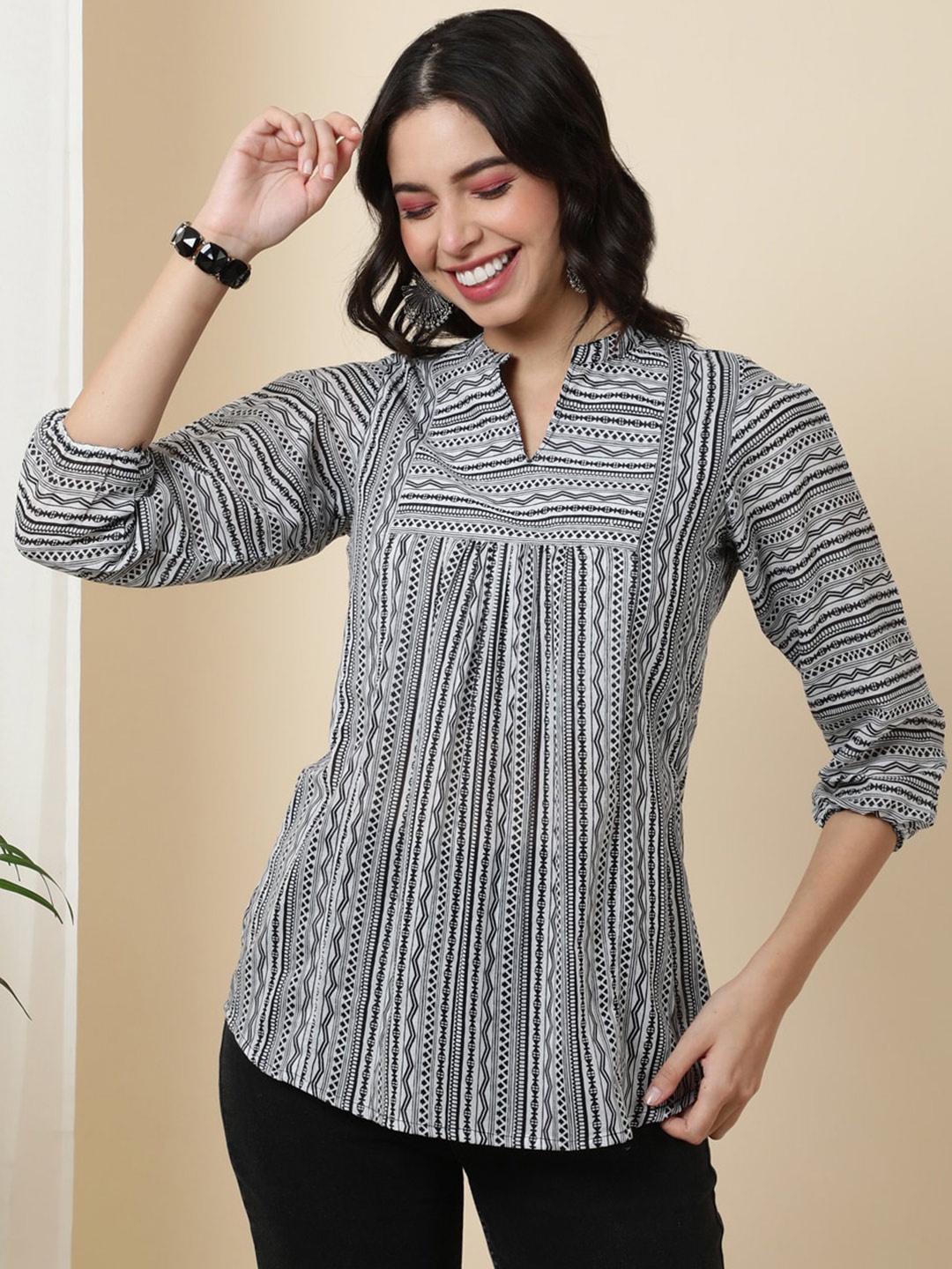 

AADAT Geometric Printed Mandarin Collar Cotton Regular Top, Black