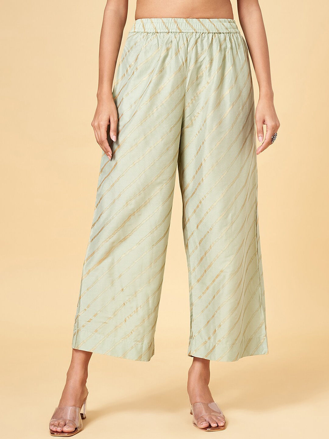 

RANGMANCH BY PANTALOONS Women Striped Ethnic Parallel Trousers, Green
