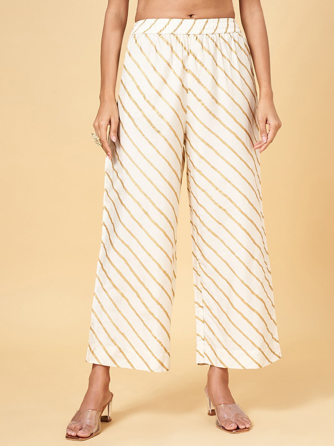 

RANGMANCH BY PANTALOONS Women Striped Ethnic Parallel Trousers, Off white