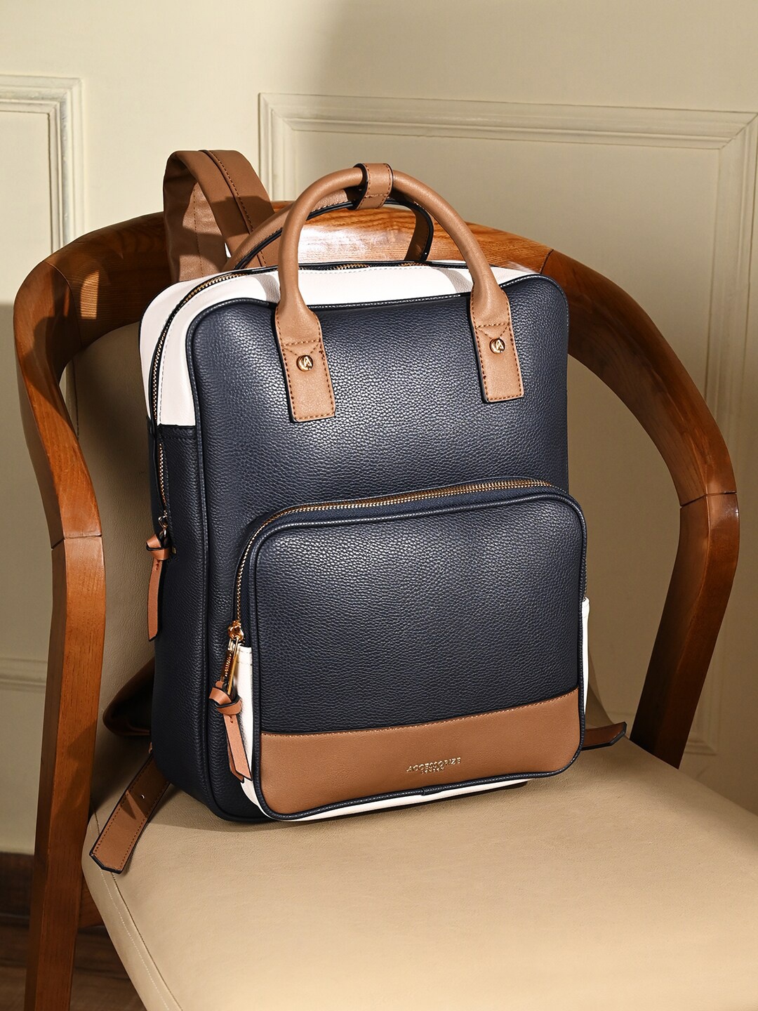 

Accessorize Faux Leather Pocket Handle Backpack With 12inch Laptop Sleeve, Navy blue