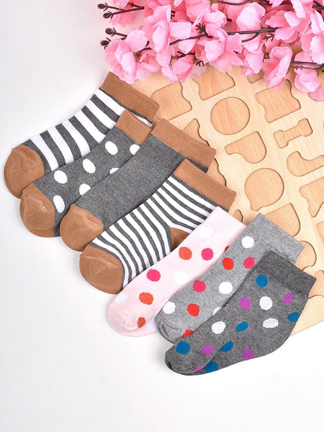 

FOOTPRINT 7 Pairs Infant Kids Patterned Ankle-Length Organic Cotton Socks, Grey