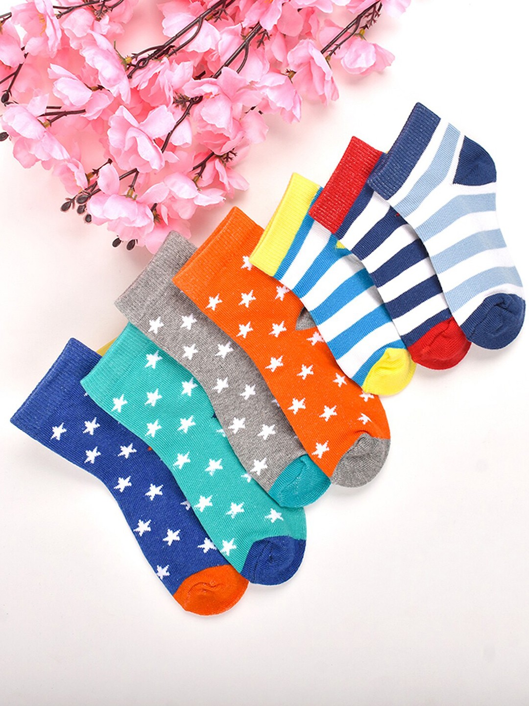 

FOOTPRINT 7 Pairs Infant Kids Patterned Ankle-Length Organic Cotton Socks, Orange