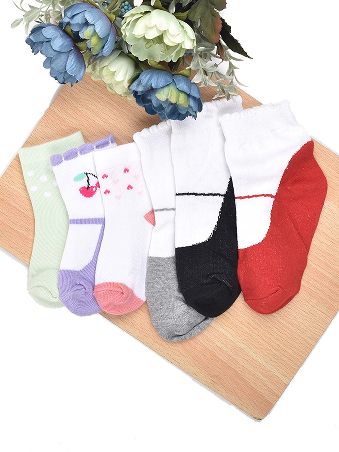 

FOOTPRINT 5 Pairs Infant Kids Patterned Ankle-Length Organic Cotton Socks, Red