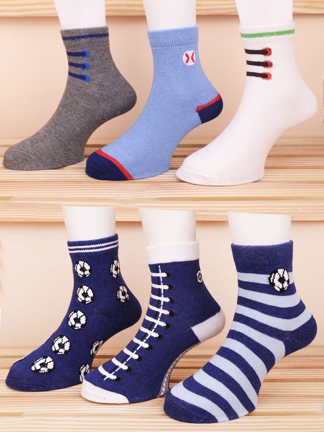 

FOOTPRINT 5 Pairs Infant Kids Patterned Ankle-Length Organic Cotton Socks, Blue