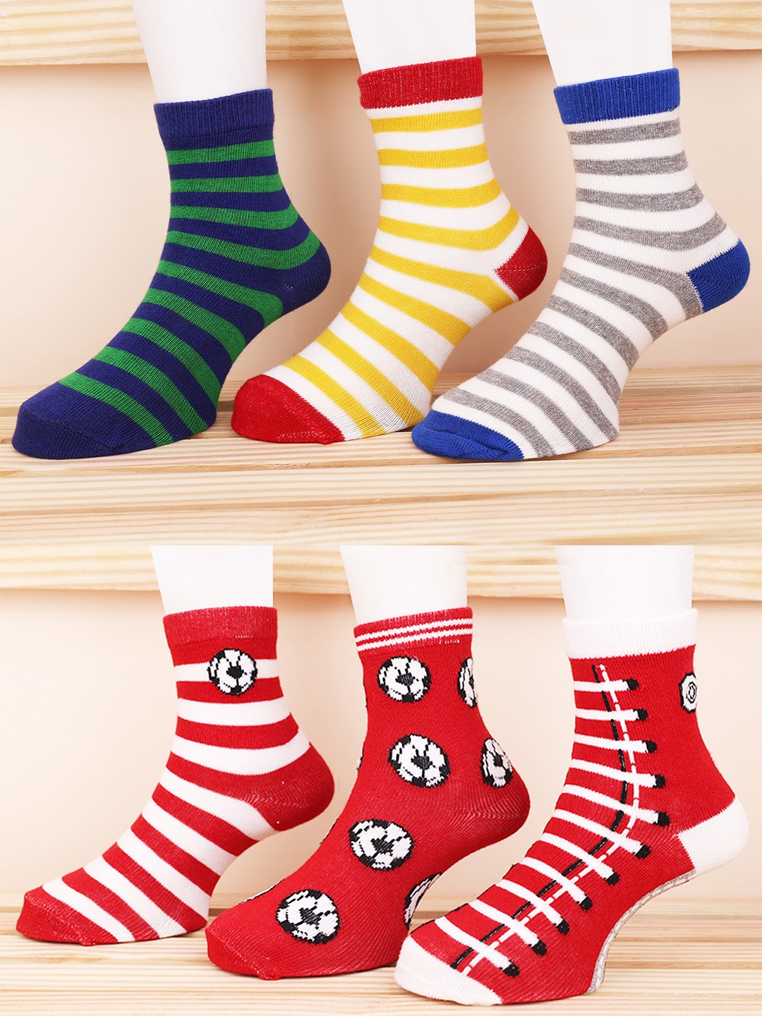 

FOOTPRINT 5 Pairs Infant Kids Patterned Ankle-Length Organic Cotton Socks, Red